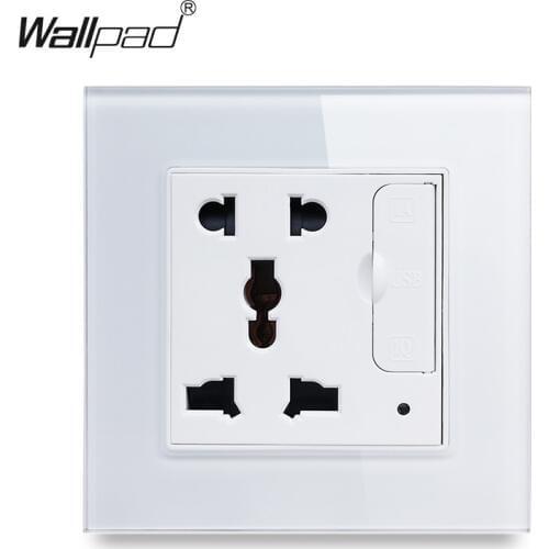 Wallpad S6 White Black Glass Panel Single Universal Socket with 3.1A 2 x USB Charging Port, EU UK US BS Wall Power Outlet Plate