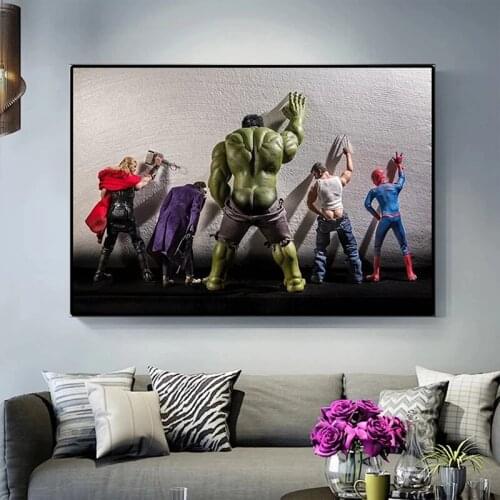 Superhero Funny Pee Canvas Print Painting Avengers Marvel Poster Prints Hulk Spiderman Home Decoration Kids Gift Room Decor