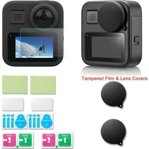 2xTempered Glass Display LCD Screen Protector Film With Lens Cap For Gopro Max 360 Action Camera Mount Accessories