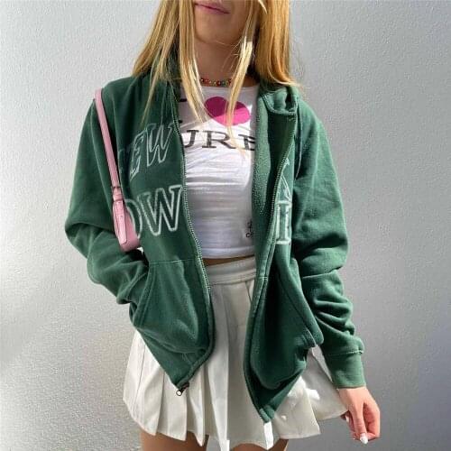 Autumn Warm Women Zipper Hoodies Jacket Green Casual Long Sleeve Letter Print Loose Sweatshirts With Pockets 2021