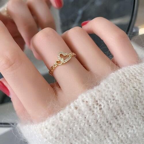 Zircon Crystal Heart Finger Rings for Women Open Size Adjustable Rings Fashion Trendy Korean Jewelry Gold Color MS356