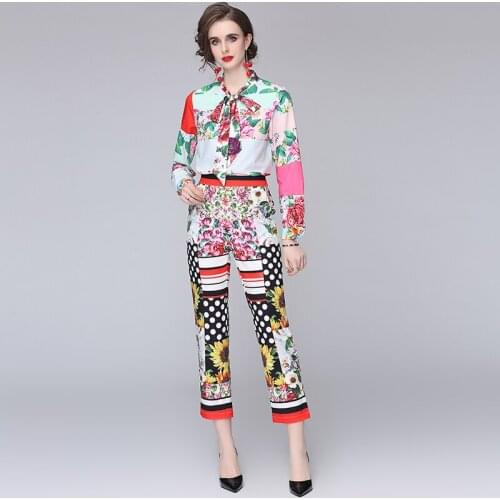 Menahem 2021 Summer Floral Print Suits Womens Elegant Bow Collar Shirt Blouse Tops + Slim Sunflower Dot Long Pants 2 Piece Set