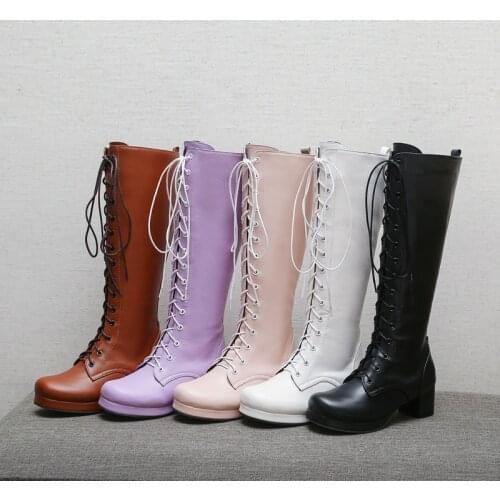 Ladies Winter Fashion Zipper Cross Tied High Boots Spring Autumn Round Toe Comfortable Mid Heel Non Slip Womens Shoes