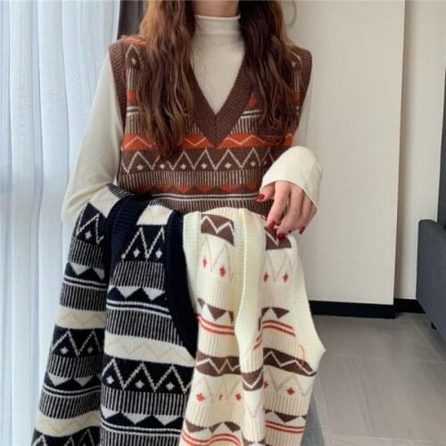 Women Sweater Vest Winter Bandage Dress Knitted Vest Womens Outerwear Loose Sleeveless Pullover Sweater Vest Two-Piece Set