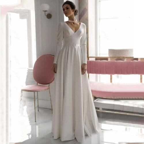 9599#Bohemian Wedding Dress 2021 A-Line V-Neck Floor Lenght Button Backless Long Sleeve Jersey Bride Gowns Custom Made