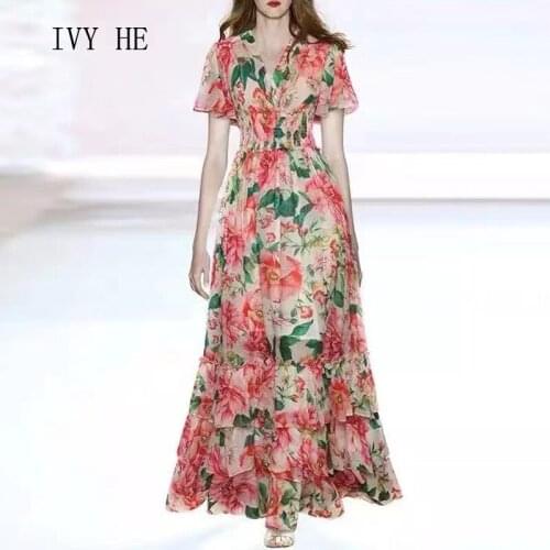 IVY HE V-neck Ruffle Short Sleeve Stretch Gathered Waist Print Extended Loose Layer Cake Dresses Summer Womens Dress 2021