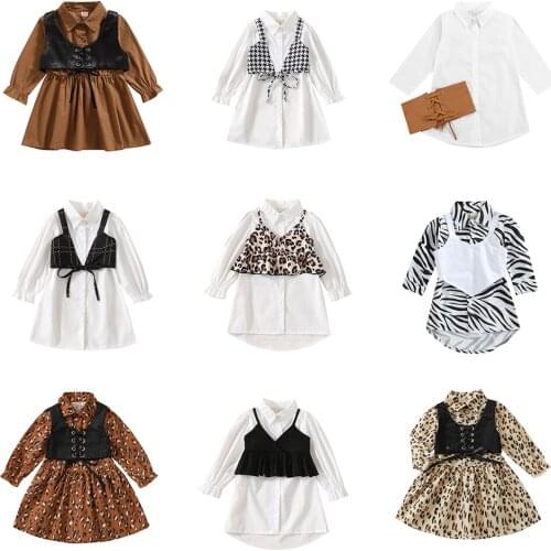 1-5Y Autumn Fashion Toddler Kids Girls Dress Suits Leopard/Plaid Print Long Sleeve Single Breasted Dress+Vest Casual Outfits