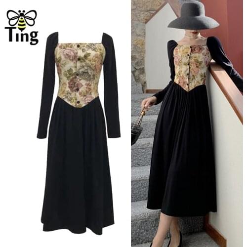 Tingfly Vintage Victorian Retro Black A Line Midi Dresses High Waist Casual Street Chic Slim France Vestidos Elegant Robes Zaful