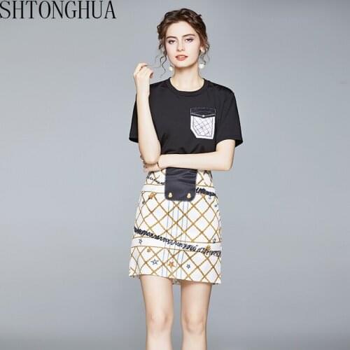 2020 Summer Casual Two Piece Set Tennis Sports Sweetheart Girls Women Short sleeve Black T-shirt + Plaid Bodtcon Mini Skirt Suit