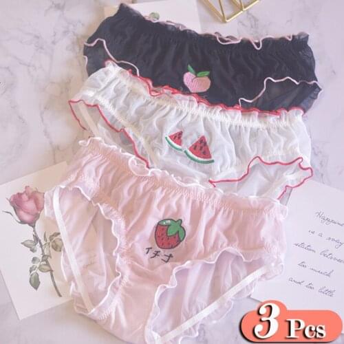 3Pcs/Lot Cute Cartoon Fruits Embroidery Pattern Sexy Underwear Women Mesh Transparent Panties Girl Student Briefs Female Set