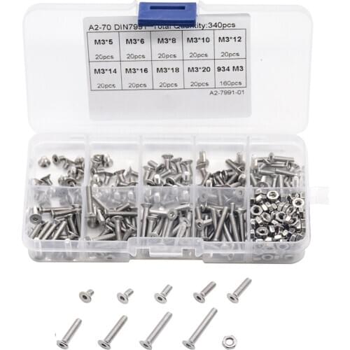340pcs/box M3 304 Stainless Steel Hexagon Hex Socket Countersunk Screw Flat Head Screw Allen Bolts DIN7991