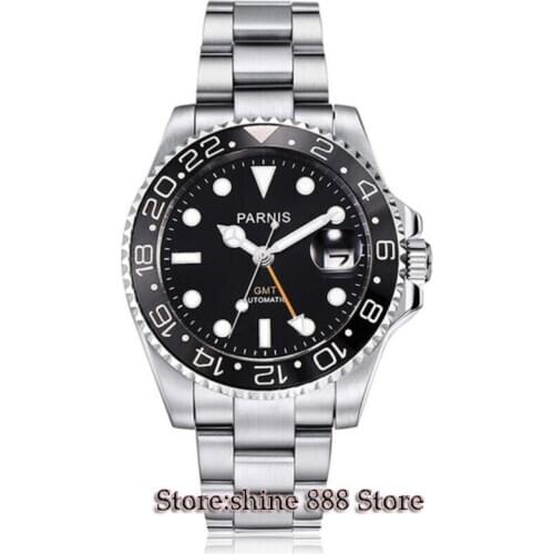40mm Parnis black dial Sapphire glass Ceramic bezel GMT automatic mens watch