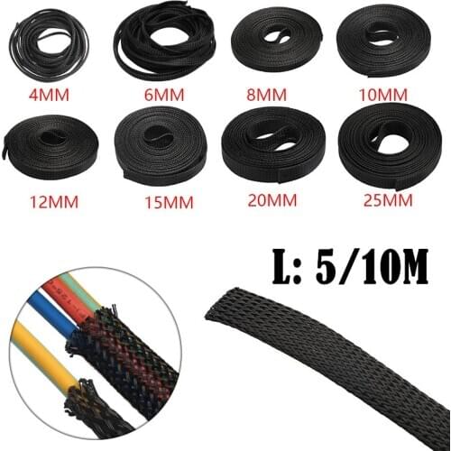 5/10M Cable Sleeve Black Insulated Braided Sleeve PET Expandable High Density Sheathing 2/4/6/8/10/12/15/20/25mm Wire Protection