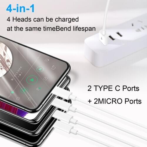50cm USB Charger Cable Adapter Connector with 2 Micro USB and 2 Type C ports