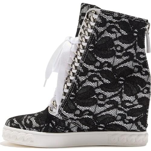 Fashion woman black floral lace with silver chains ankle boots 8 cm height increasing high top inner wedge heels sneaker