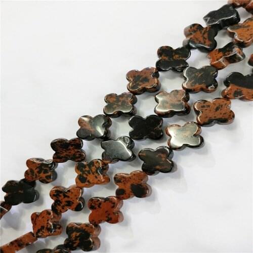 1 Strand 28Pcs 14x7mm Natural Brown And Black Mahogany Obsidian Clovers Loose Beads For DIY Jewelry Making Accessories 15.5Inch