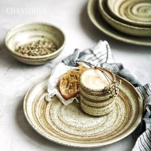 CHANSHOVA Modern Vintage old Style Hand-painted Coarse pottery Round Dinner Plate dishes tea Cup Bowl Set Kitchen Utensils H000