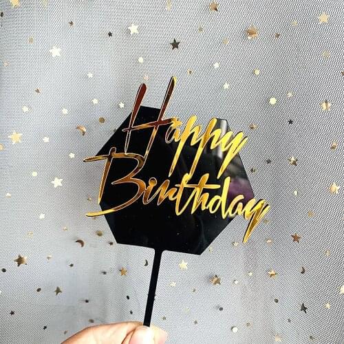 Black Gold Birthday Flags For Kids Birthday Party Cake Decorations Baby Shower Hexagon Round Acrylic Happy Birthday Cake Topper