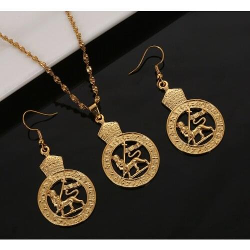 Ethiopian Gold Color Lion Pendant Necklace Earrings African Arab Middle Eastern Wedding Jewelry Set