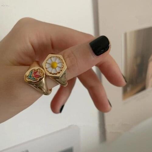 Daisy Enamel Rings Retro Colorful Tai Chi Gossip Candy Color Metal For Women Vintage Drip Oil Rings Jewelry 2021 New Trendy