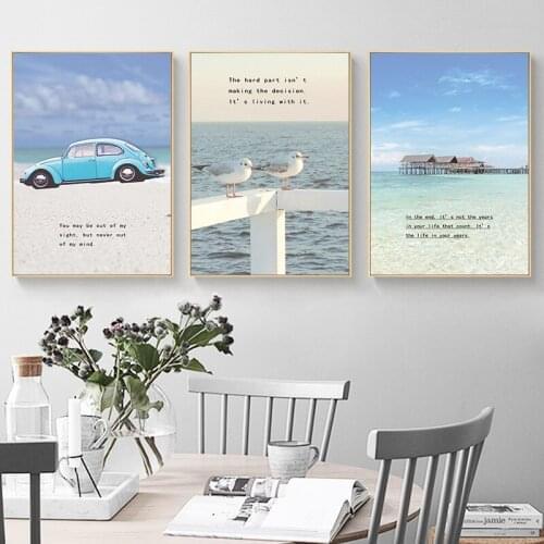 Blue Waves Beach House Bird And Old Style Car Nordic Landscape Canvas Painting Wall Art Poster Prints Living Room Home Decor