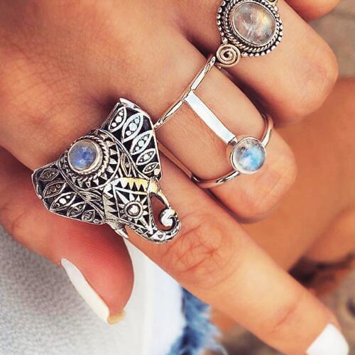 Vienkim 3Pcs/Set Bohemian Vintage Silver Color Opals Elephant Ring Set Women Carving Rings For Female Jewelry Wholesale 2019