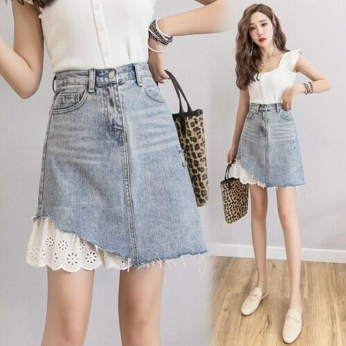 Best Sale New Denim Skirt 2020 Spring Summer Fashion Skirts Denim Lace Stitching Women Skirts Was Thin High Waist Elegant Skirts