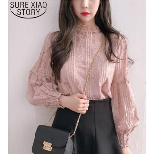 Fashion Ladies Tops Long Sleeve Lace Blouse Shirts for Women Tops Spliced Solid Stand Women Tops Pink Blusas Mujer De Moda 6899