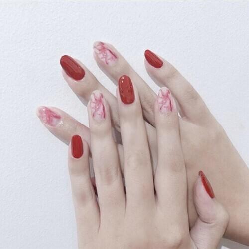 New red pure color with halo dyeing pattern false nails Bride round full nail tips midle-long size lady fake nails