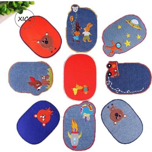 XICC Cartoon Jeans Fabric Embroidery Elbow Patches Big Size Oval Iron On Sticker For Clothes Fashion Design Knee Hole Repair DIY