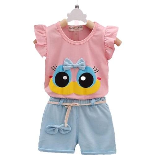 Fashion Brand Summer Infant Baby Girl Clothing Sport Lovely Long Eyelashes Toddler Girl Vest Pants Pure Cotton Suit Kids Clothes