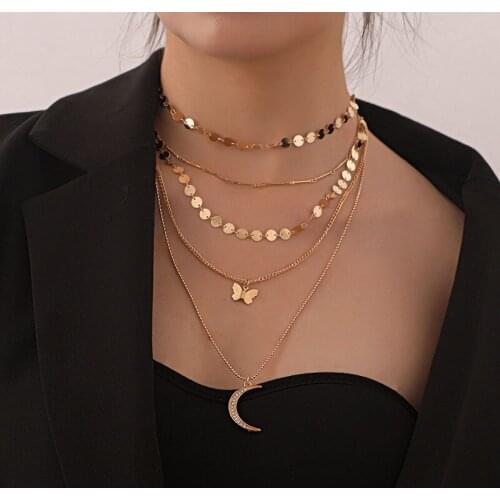 New Trendy Rhinestone Moon Butterfly Pendant Necklace for Women Multilayer Chains Geometric Sequins Necklace Party Jewelry Gift