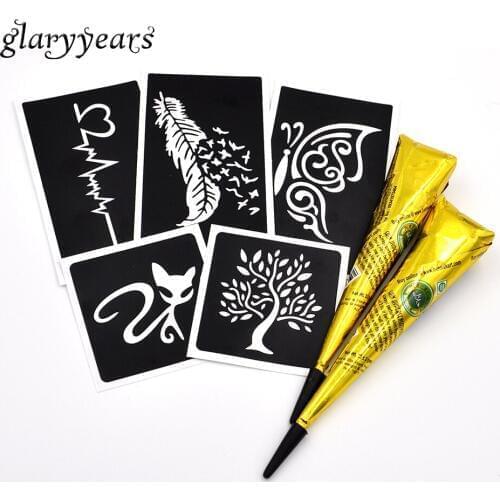 5 Pieces Small Henna Stencil + 2 Pieces Black Henna Paste Cool Women Men Body Makeup Paint Tattoo Stencil Temporary Drawing 2019