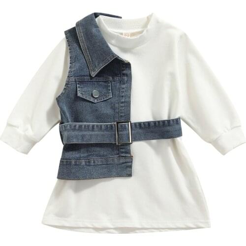 2-6Years Girl’s Dress and Vest with Belt Set Fashion Solid Color Long Sleeve Dress with Denim Vest