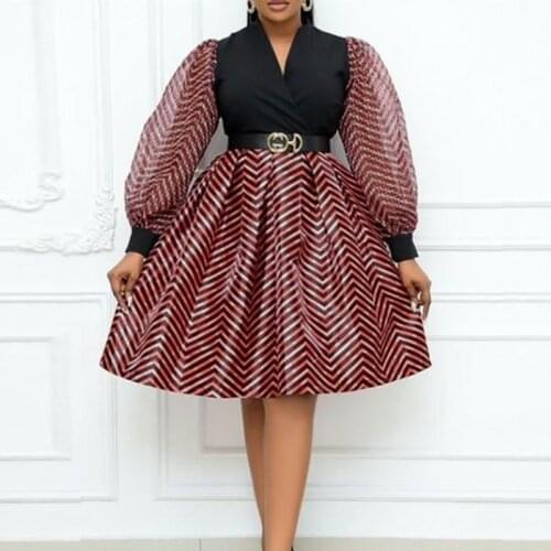 African A Line Dress Women V Neck Puff Sleeve Empire Big Swing Fashion Striped Patchwork Elegant Chic Office Lady Dress Vestidos