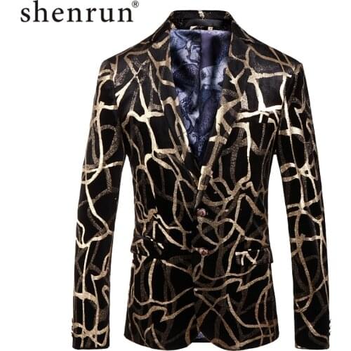 Shenrun Men Jacket Blazers Slim Fashion Gold Print Western Style Stage Costume Singer Host Musician Dancer Casual Party Business