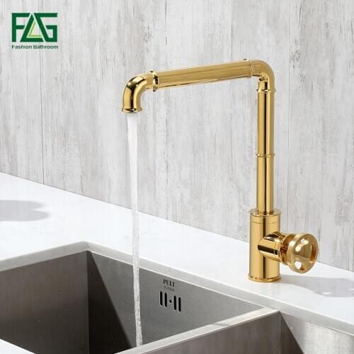FLG Kitchen Faucet 360 Degree Swivel Gold Plated Sink Faucets Single Handle Retro Brass Kitchen Mixer Tap 1156-33G