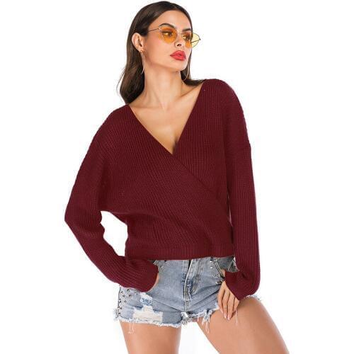 NORMOV Women Sweater Sexy V Neck Blackless Longsleeve Pullover Sweater Solid Autumn Loose Girl Sweater Pull Femme Nouveaute