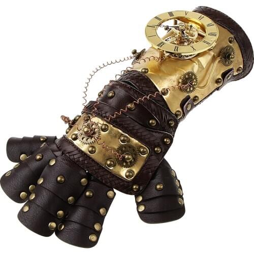 Vintage Steampunk Rivets PU Leather Arm Band Gold Metal Arm Cuff Gloves Costume Prop