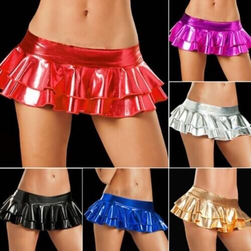 Womens Glamour Sexy Patent Low Rise Leather Short Cake Skirt Multicolor Dance Skirt For Dance Raves Festivals Costumes