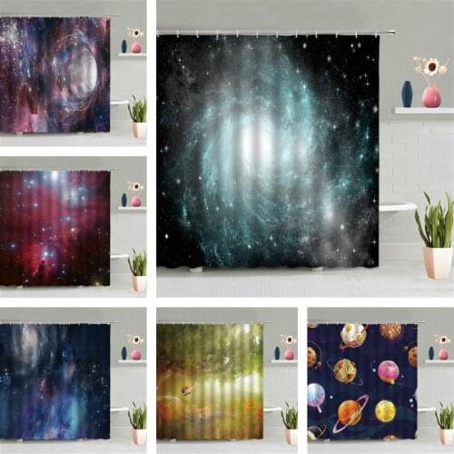 Starry Sky Shower Curtain Universe Galaxy Planet Scenery Bathroom Accessories Set Waterproof Wall Hanging Curtains Home Decor
