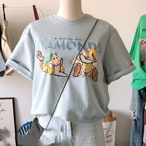 Fairy Tale Cartoon Embroidery Kawaii T Shirts Women O-neck Loose Plus Size Summer Tees 2021 Korean Fashion Girls Y2k Aesthetic