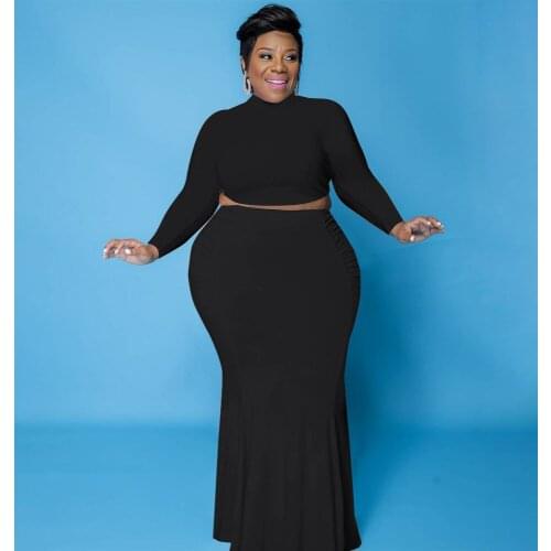 ZJFZML ZZ Women Clothing Two Piece Dress Set Plus Size Long Sleeve Slim Crop Top+empire Mermaid Skirts Dropshipping Wholesale