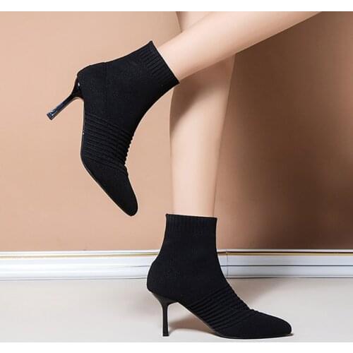Women Boots 2021 Winter Autumn Knitting Sock Ankle Boots Thin Heels Dress Shoes Pointed Toe High Heels botas mujer Black 9399N