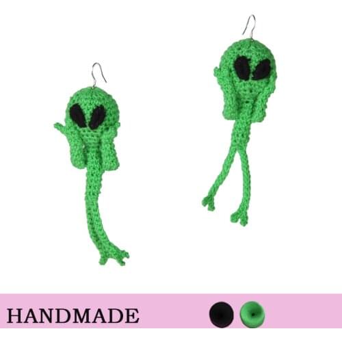 Handmade Y2K Womens Earrings Fashion Interstellar Sweetheart Wave Series Green Alien Ear Clip Cool Dark Earrings Long