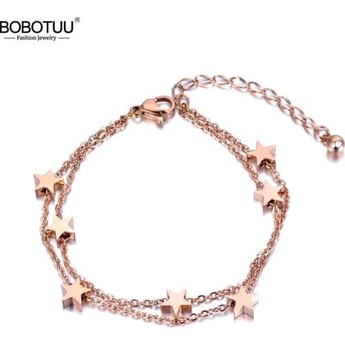 BOBOTUU Stars Charm Double Layers Bracelet Bangle For Women Stainless Steel Extended Link Chain Bohemia Summer Jewelry BB19017
