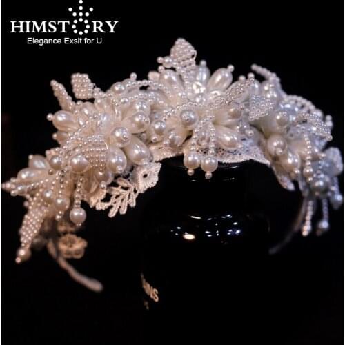 Himstory Handmade Luxury Pearls Beading Hairband Bridal Tiara Wedding Party Crown Women Hair Jewelry Accessories