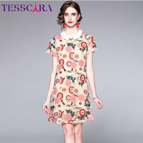 TESSCARA Women Summer Elegant Embroidery Mesh Dress Festa High Quality Wedding Party Robe Femme Runway Designer Short Vestidos