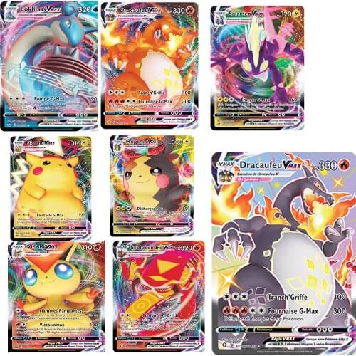 100 pcs French English Spanish Pokemon Vmax 85GX5MEGA10TRAINER Pikachu Charizard Torgamord glitter Game collection card toys