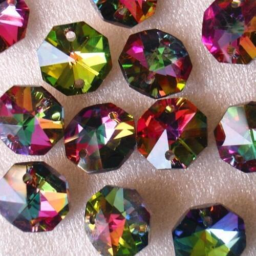 100pcs/lot 14mm Rainbow Crystal Chandelier Parts Octagon Beads in 2 Holes, Curtain Strand or Lamp Accessories Free Shipping